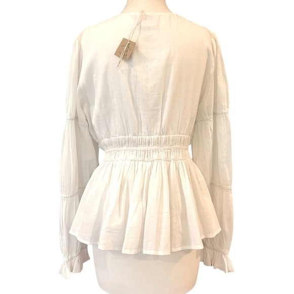 Faherty Colette Organic Cotton Blouse Button Up Smocked Ruffles White Sz L - Picture 6 of 16